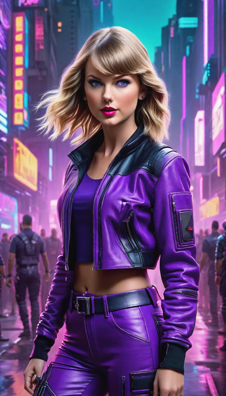  Cyberpunk style depiction of Taylor Swift wearing purple casual wear. The scene is set in a world where technology has advanced, but society and human conditions have not, creating a gritty, dystopian atmosphere. hyperrealistic, full body, detailed clothing, highly detailed, cinematic lighting, stunningly beautiful, intricate, sharp focus, f/1. 8, 85mm, (centered image composition), (professionally color graded), ((bright soft diffused light)), volumetric fog, trending on instagram, trending on tumblr, HDR 4K, 8K