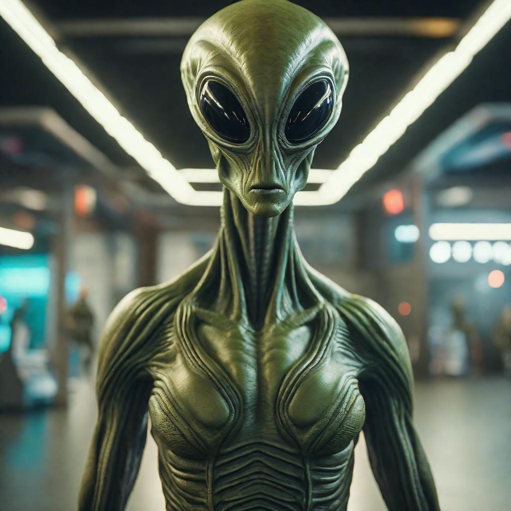  Alien from Area 51 hyperrealistic, full body, detailed clothing, highly detailed, cinematic lighting, stunningly beautiful, intricate, sharp focus, f/1. 8, 85mm, (centered image composition), (professionally color graded), ((bright soft diffused light)), volumetric fog, trending on instagram, trending on tumblr, HDR 4K, 8K