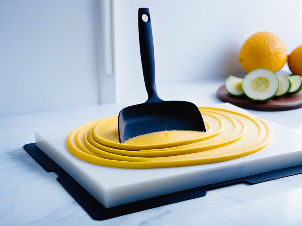  An 8k ultradetailed image of a sleek, matte black offset spatula resting on a pristine white marble countertop. The spatula gleams under the soft kitchen lighting, showcasing its ergonomic handle and precisely angled blade. Every curve and edge is flawlessly captured, emphasizing the tool's professional craftsmanship and minimalist design. hyperrealistic, full body, detailed clothing, highly detailed, cinematic lighting, stunningly beautiful, intricate, sharp focus, f/1. 8, 85mm, (centered image composition), (professionally color graded), ((bright soft diffused light)), volumetric fog, trending on instagram, trending on tumblr, HDR 4K, 8K