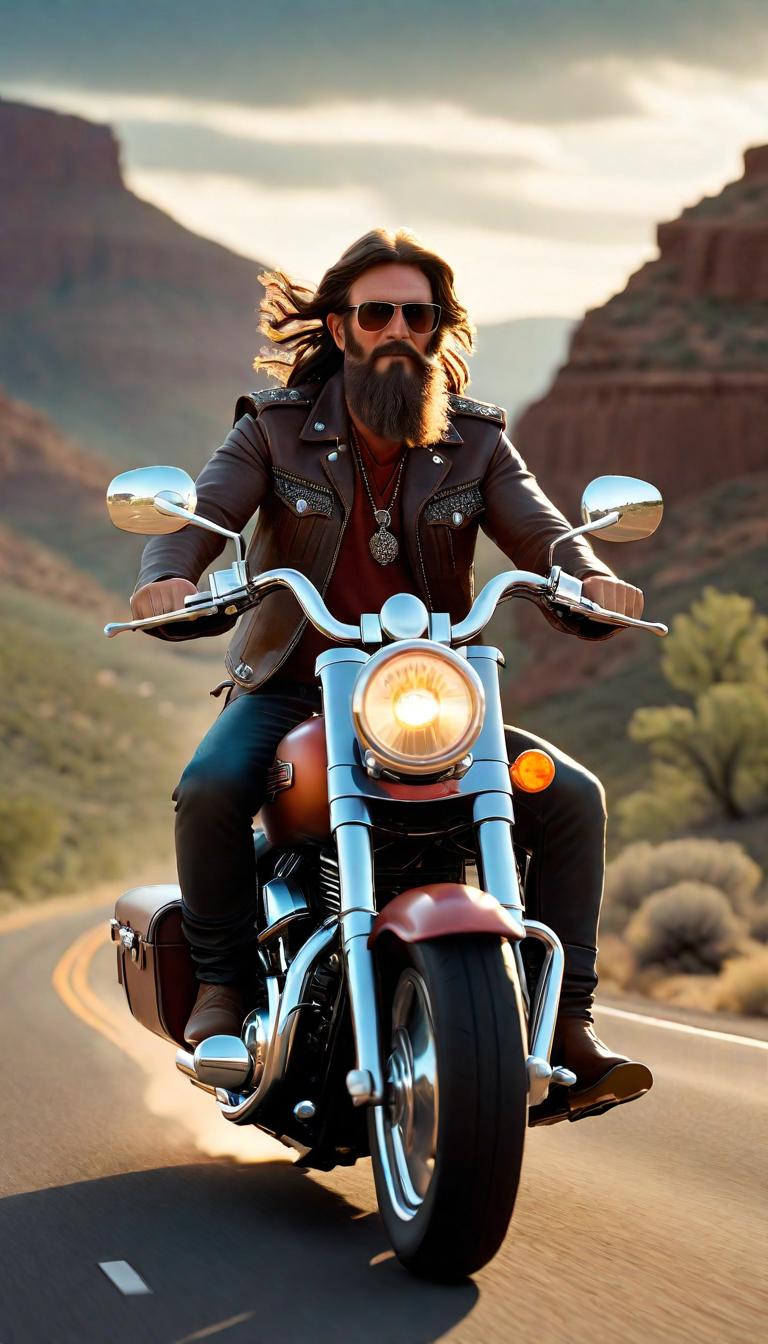  Professional 3D model of Rugged hippie on a Harley riding off into the distance . Rendered with Octane, the model is highly detailed,dramatic lighting. hyperrealistic, full body, detailed clothing, highly detailed, cinematic lighting, stunningly beautiful, intricate, sharp focus, f/1. 8, 85mm, (centered image composition), (professionally color graded), ((bright soft diffused light)), volumetric fog, trending on instagram, trending on tumblr, HDR 4K, 8K