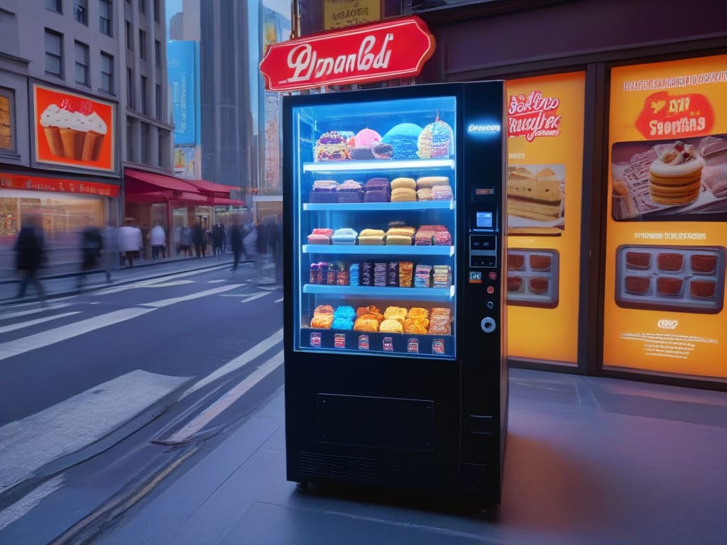  A futuristic, minimalistic image of a sleek, hightech dessert vending machine integrated with a holographic display showcasing various pop culturethemed desserts. The machine is set against a backdrop of a bustling cityscape at night, with neon lights illuminating the scene and reflecting off the polished surfaces of the machine. The holographic display features rotating images of iconic pop culture characters reimagined as delectable desserts, creating a visually striking and futuristic fusion of technology, pop culture, and dessert merchandising. hyperrealistic, full body, detailed clothing, highly detailed, cinematic lighting, stunningly beautiful, intricate, sharp focus, f/1. 8, 85mm, (centered image composition), (professionally color graded), ((bright soft diffused light)), volumetric fog, trending on instagram, trending on tumblr, HDR 4K, 8K