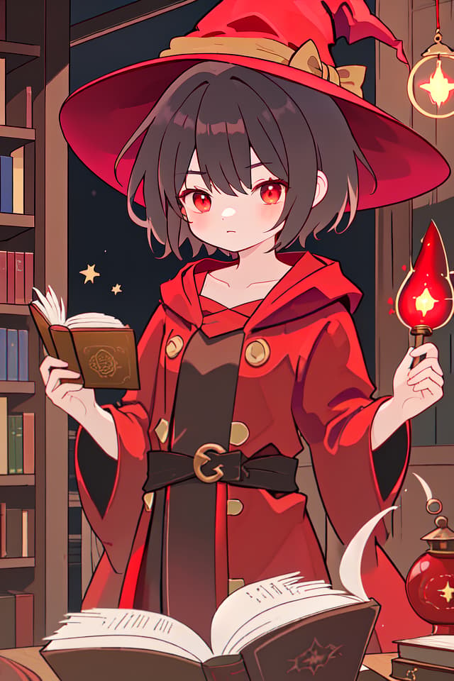   , , short hair, wearing red robe, wearing a witch hat, open a magic book