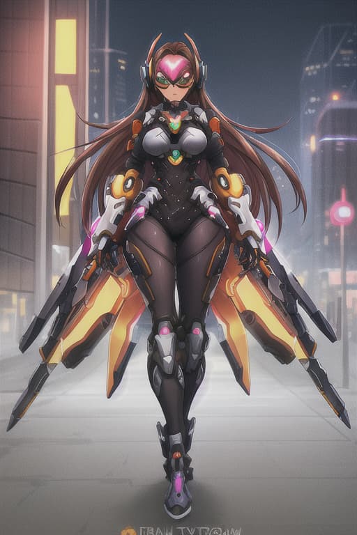  In the art style of Overwatch 2, androgynous looking brown woman, armored orange, blue and pink futuristic techwear, wearing a futuristic eyewear that covers her eyes, earpieces that extend to the top of her head and point upwards, tawny colored long hair, messy and shaggy with middle parted bangs, standing with her arms crossed, looking down at a cyberpunk aesthetic city, night time hyperrealistic, full body, detailed clothing, highly detailed, cinematic lighting, stunningly beautiful, intricate, sharp focus, f/1. 8, 85mm, (centered image composition), (professionally color graded), ((bright soft diffused light)), volumetric fog, trending on instagram, trending on tumblr, HDR 4K, 8K