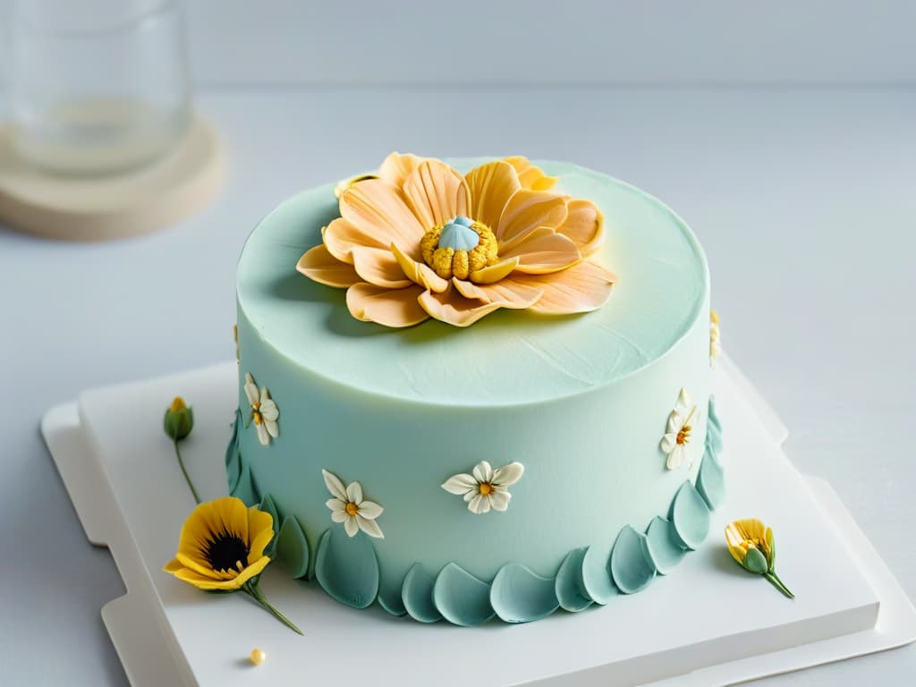  A closeup, ultradetailed image of a perfectly sculpted fondant flower in soft pastel colors, showcasing intricate details like delicate petals, subtle shading, and realistic texture. The focus is on the craftsmanship and artistry, with clean lines and a minimalist background to highlight the exquisite design of the edible flower. hyperrealistic, full body, detailed clothing, highly detailed, cinematic lighting, stunningly beautiful, intricate, sharp focus, f/1. 8, 85mm, (centered image composition), (professionally color graded), ((bright soft diffused light)), volumetric fog, trending on instagram, trending on tumblr, HDR 4K, 8K