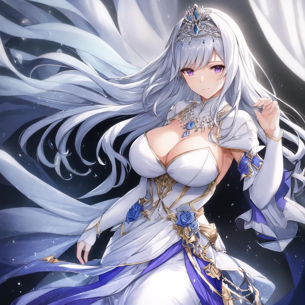  portrait, masterpiece, best quality, high res, (solo:1.5), 1female, fairly white skin, long blue silver hair, purple eyes, queen tiara, majestic blue dress, white silk gloves, necklace, beautiful, charming expression, front shot, illustration, high res, good detailed hyperrealistic, full body, detailed clothing, highly detailed, cinematic lighting, stunningly beautiful, intricate, sharp focus, f/1. 8, 85mm, (centered image composition), (professionally color graded), ((bright soft diffused light)), volumetric fog, trending on instagram, trending on tumblr, HDR 4K, 8K