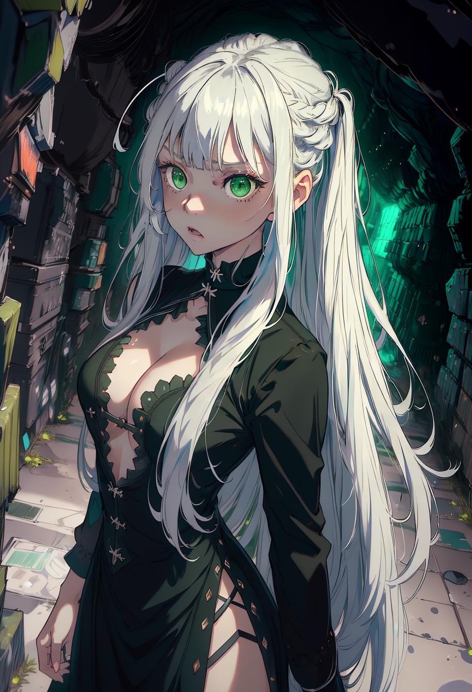  ((trending, highres, masterpiece, cinematic shot)), 1girl, young, female date attire, dark cavern scene, very long straight white hair, asymmetrical bangs, large green eyes, sarcastic personality, surprised expression, grey skin, epic, lucky