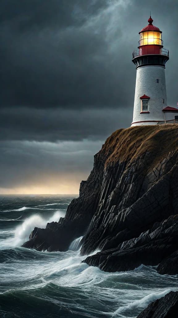  (A weathered old lighthouse standing tall on a rocky cliffside overlooking a stormy, choppy sea. The lighthouse's beacon is shining brightly, cutting through the gloomy night sky and casting a warm, golden light onto the churning waves below.) hyperrealistic, full body, detailed clothing, highly detailed, cinematic lighting, stunningly beautiful, intricate, sharp focus, f/1. 8, 85mm, (centered image composition), (professionally color graded), ((bright soft diffused light)), volumetric fog, trending on instagram, trending on tumblr, HDR 4K, 8K