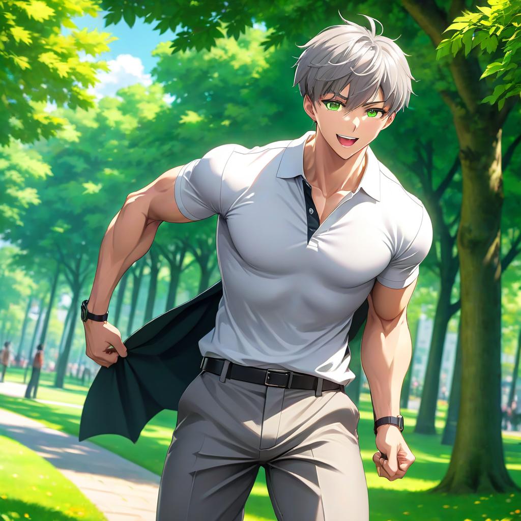  anime artwork High quality. Young man, muscular body, green eyes, short lemony hair, curtain cut, wearing gray pants, a white polo, in the park, tall, laughing. . anime style, key visual, vibrant, studio anime, highly detailed hyperrealistic, full body, detailed clothing, highly detailed, cinematic lighting, stunningly beautiful, intricate, sharp focus, f/1. 8, 85mm, (centered image composition), (professionally color graded), ((bright soft diffused light)), volumetric fog, trending on instagram, trending on tumblr, HDR 4K, 8K