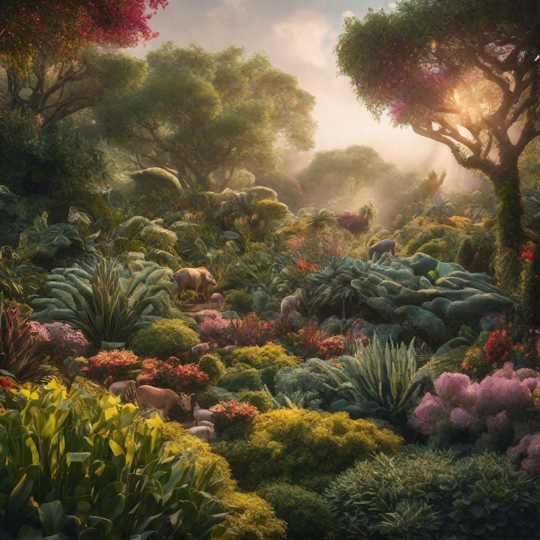  Colorful garden of Eden with all creatures and creation hyperrealistic, full body, detailed clothing, highly detailed, cinematic lighting, stunningly beautiful, intricate, sharp focus, f/1. 8, 85mm, (centered image composition), (professionally color graded), ((bright soft diffused light)), volumetric fog, trending on instagram, trending on tumblr, HDR 4K, 8K