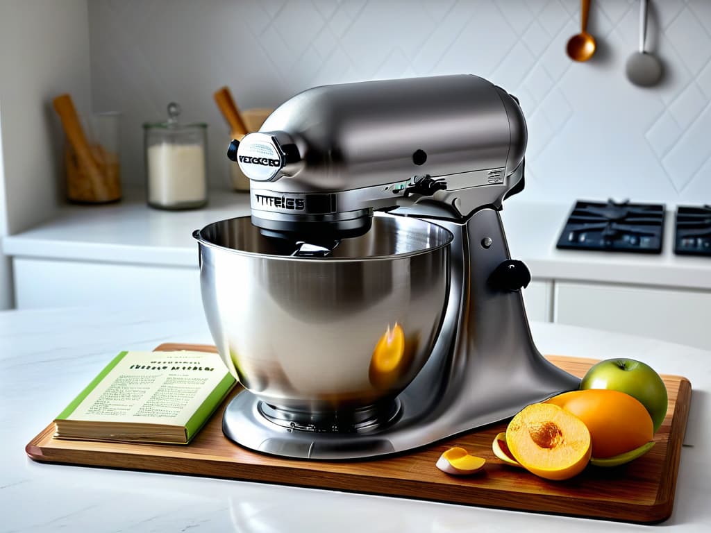  An ultradetailed closeup image of a sleek, modern stainless steel stand mixer with a vegan baking recipe book propped open beside it, showcasing intricate textures and reflections. The mixer is in a minimalist kitchen setting with soft natural lighting, highlighting every curve and detail of the highquality kitchen appliance. hyperrealistic, full body, detailed clothing, highly detailed, cinematic lighting, stunningly beautiful, intricate, sharp focus, f/1. 8, 85mm, (centered image composition), (professionally color graded), ((bright soft diffused light)), volumetric fog, trending on instagram, trending on tumblr, HDR 4K, 8K