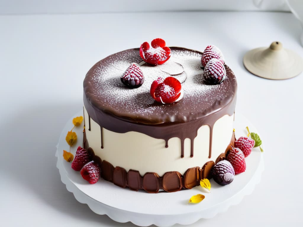  A closeup, ultradetailed image of a decadent chocolate cake adorned with delicate gold leaf, fresh raspberries, and edible flowers, all set against a sleek, modern white backdrop. hyperrealistic, full body, detailed clothing, highly detailed, cinematic lighting, stunningly beautiful, intricate, sharp focus, f/1. 8, 85mm, (centered image composition), (professionally color graded), ((bright soft diffused light)), volumetric fog, trending on instagram, trending on tumblr, HDR 4K, 8K