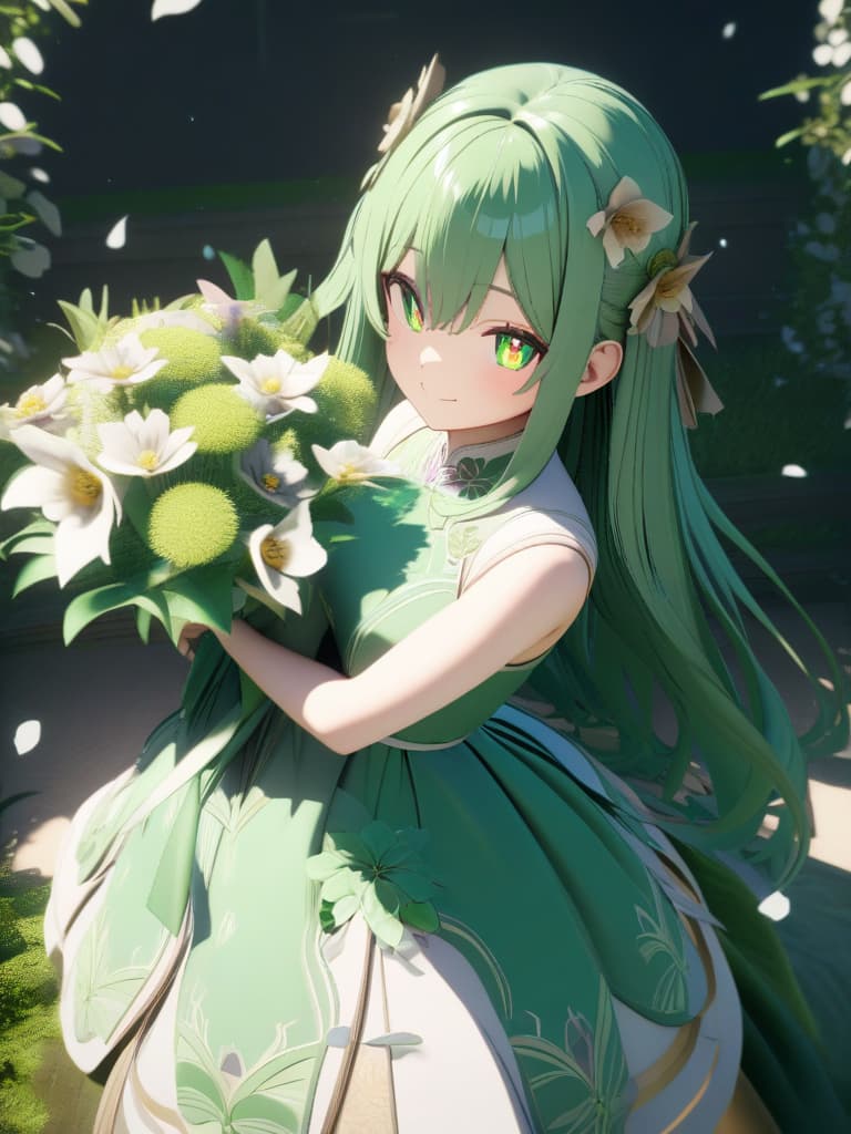  (masterpiece,best quality,highly detailed,ultra detailed,high resolution,perfect anatomy,absurdres,4K,8K:1.2),3d,anime,doujin,bloom,high brightness,(ultra detailed mesmerizing eyes,ultra intricate pupil in eyes),1girl,(Venusaur image dress),hair,( green,natural tones,petals inspired waves),eyes,(large,green,with small flower design),face,( gentle expression,warm smile),body,(curves inspired by Venusaur's flowers and leaves,adorned with flower accessories and green ribbons),clothing,(natural and cute dress,skirt with gr and flower patterns,green themed accessories),pose,(harmonious and natural,holding a small bouquet,smiling in a nature inspired setting),(ultra detailed cloth texture),dress,<lora:dressLo:0.6>, masterpiece, best quality,8k,ul