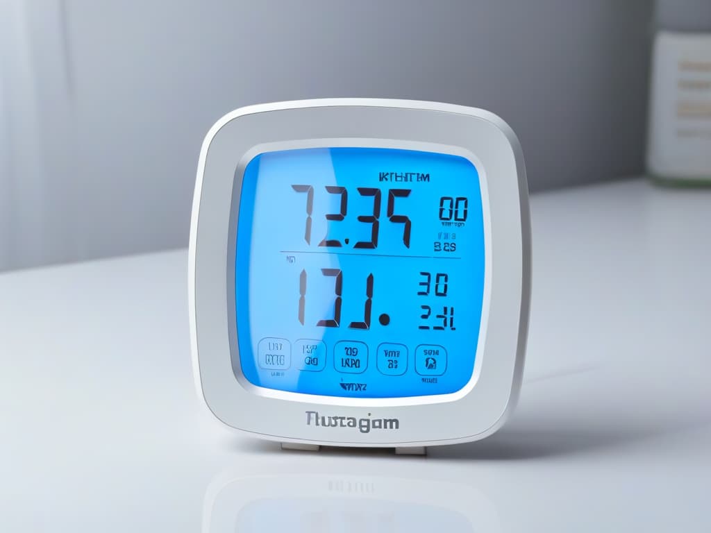  A closeup, ultradetailed image of a sleek, modern digital kitchen thermometer with a vibrant digital display showing an exact temperature reading in the center. The thermometer is set against a clean, white background, emphasizing its precision and sophistication. The digital numbers on the display are sharp and clear, highlighting the device's accuracy and reliability in the art of pastry making. hyperrealistic, full body, detailed clothing, highly detailed, cinematic lighting, stunningly beautiful, intricate, sharp focus, f/1. 8, 85mm, (centered image composition), (professionally color graded), ((bright soft diffused light)), volumetric fog, trending on instagram, trending on tumblr, HDR 4K, 8K