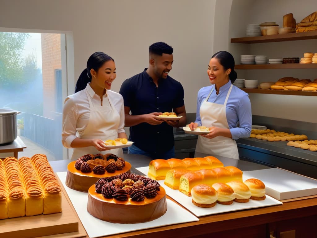  In the image, a diverse group of bakers from different cultural backgrounds are gathered around a large kitchen island. They are joyfully exchanging recipes and techniques, each one showcasing their unique heritage through the pastries they are working on. The kitchen is filled with the aroma of freshly baked goods, and the countertops are adorned with an array of colorful ingredients from various cultures. The sunlight streams in through a window, casting a warm glow over the scene and highlighting the intricate details of the pastries being created. hyperrealistic, full body, detailed clothing, highly detailed, cinematic lighting, stunningly beautiful, intricate, sharp focus, f/1. 8, 85mm, (centered image composition), (professionally color graded), ((bright soft diffused light)), volumetric fog, trending on instagram, trending on tumblr, HDR 4K, 8K