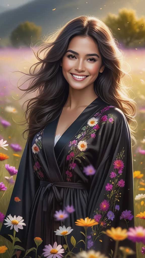  hispanic woman smiling wearing dark robes in a meadow, surrounded by flowers, backlit, petals, hair floating, gorgeous beautiful woman, art by Mschiffer hyperrealistic, full body, detailed clothing, highly detailed, cinematic lighting, stunningly beautiful, intricate, sharp focus, f/1. 8, 85mm, (centered image composition), (professionally color graded), ((bright soft diffused light)), volumetric fog, trending on instagram, trending on tumblr, HDR 4K, 8K