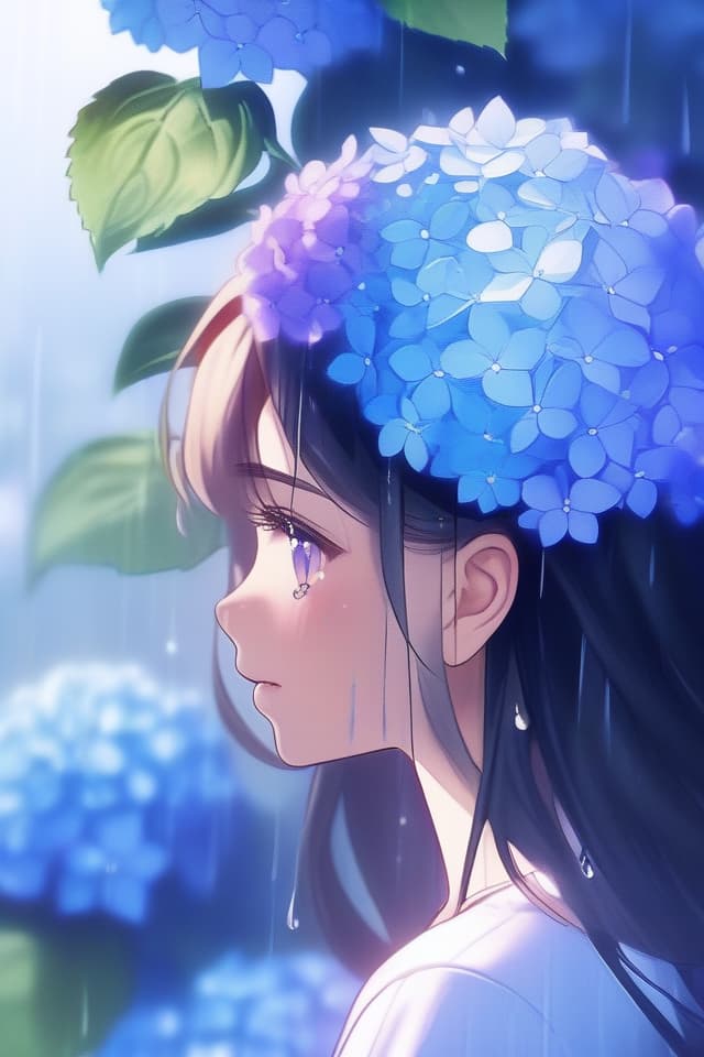  (Beautiful girl's profile) (beautiful illustration), Hydrangea, (Many Hydrangeas) Masterpiece, Beautiful Girl, After Rain, Rainbow, Sunlight, High Quality, 8k