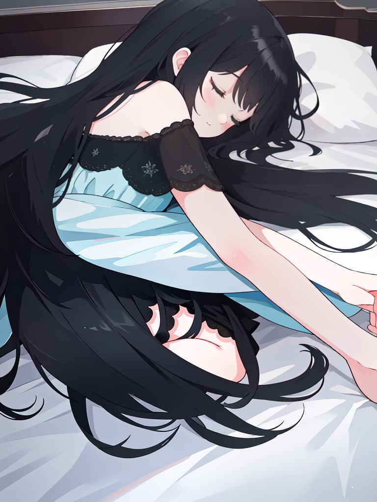  Girl, sleeping in bed, from the side of black hair, from the side, masterpiece, best quality,8k,ultra detailed,high resolution,an extremely delicate and beautiful,hyper detail