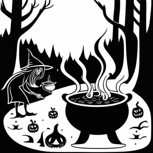  ((A coloring page ofA sinister witch brewing a cauldron of spells in a dark and spooky forest filled with creepy creatures. )), (masterpiece), (coloring page), line art drawing, minimalist, graphic, (line art), vector graphics, Clear and Distinct Lines, Intricate Patterns,Varied Line Weights, Smooth curves, Bold outlines, Crisp shapes hyperrealistic, full body, detailed clothing, highly detailed, cinematic lighting, stunningly beautiful, intricate, sharp focus, f/1. 8, 85mm, (centered image composition), (professionally color graded), ((bright soft diffused light)), volumetric fog, trending on instagram, trending on tumblr, HDR 4K, 8K