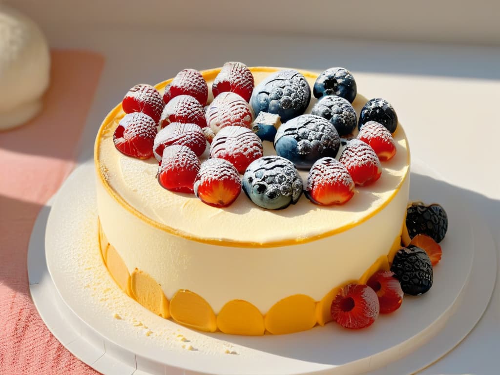  A closeup, ultradetailed image of a freshly baked sugarfree cheesecake topped with vibrant, fresh berries arranged in a visually pleasing pattern. The cheesecake sits on a pristine white plate, emphasizing its creamy texture and colorful fruit toppings, creating a striking contrast that highlights the dessert's delicious and guiltfree nature. hyperrealistic, full body, detailed clothing, highly detailed, cinematic lighting, stunningly beautiful, intricate, sharp focus, f/1. 8, 85mm, (centered image composition), (professionally color graded), ((bright soft diffused light)), volumetric fog, trending on instagram, trending on tumblr, HDR 4K, 8K