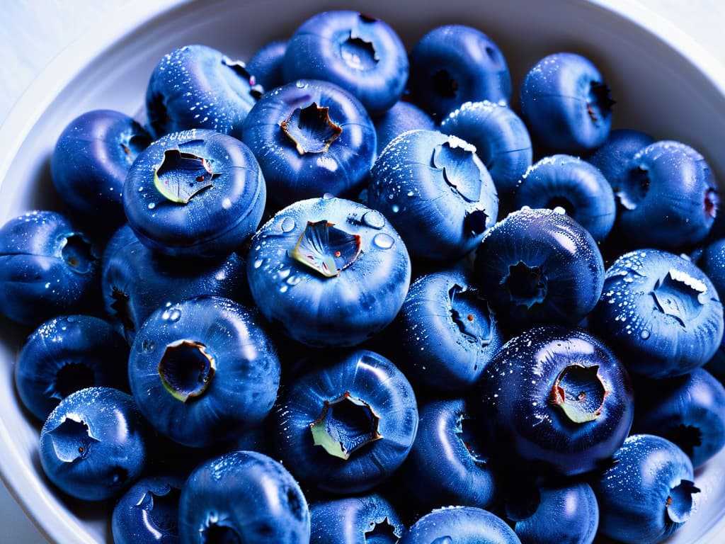  A closeup, ultradetailed image of a handful of fresh, plump blueberries glistening with dew drops, showcasing their deep indigo hues and delicate textures. The berries are arranged artfully on a pristine white background, each tiny droplet and speck of dust captured in crystalclear clarity, evoking a sense of purity and freshness. hyperrealistic, full body, detailed clothing, highly detailed, cinematic lighting, stunningly beautiful, intricate, sharp focus, f/1. 8, 85mm, (centered image composition), (professionally color graded), ((bright soft diffused light)), volumetric fog, trending on instagram, trending on tumblr, HDR 4K, 8K