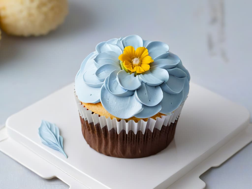  A closeup, ultradetailed image of a perfectly frosted glutenfree cupcake, adorned with a single delicate edible flower on top. The frosting is smooth, with intricate swirls, and the texture of the cupcake appears moist and spongy. The lighting is soft, highlighting the details of the frosting and the vibrant color of the flower. This image captures the essence of exquisite glutenfree baking in a minimalistic and elegant manner. hyperrealistic, full body, detailed clothing, highly detailed, cinematic lighting, stunningly beautiful, intricate, sharp focus, f/1. 8, 85mm, (centered image composition), (professionally color graded), ((bright soft diffused light)), volumetric fog, trending on instagram, trending on tumblr, HDR 4K, 8K