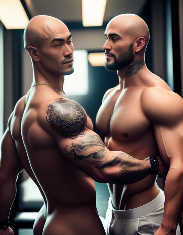  muscle, tattooed Chinese bald gays with no hair making love in a hotel,  whole dorsal body，chest hair hyperrealistic, full body, detailed clothing, highly detailed, cinematic lighting, stunningly beautiful, intricate, sharp focus, f/1. 8, 85mm, (centered image composition), (professionally color graded), ((bright soft diffused light)), volumetric fog, trending on instagram, trending on tumblr, HDR 4K, 8K
