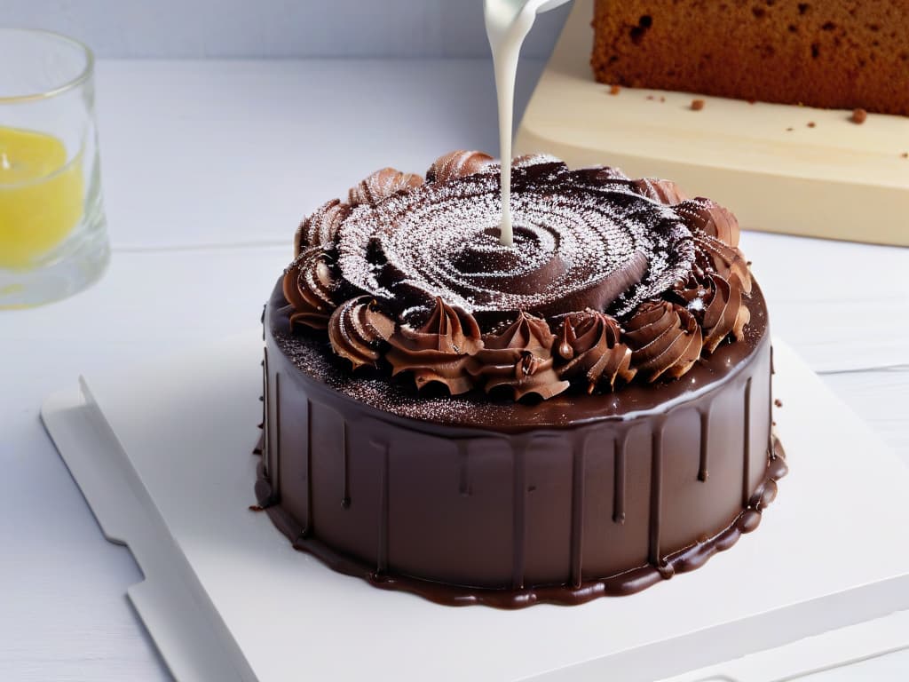  A closeup, ultrahighresolution image of a decadent, glossy chocolate ganache being poured over a perfectly smooth, rich chocolate cake, showcasing the luxurious texture and shine of the dessert. The dark chocolate contrasts beautifully against a pristine white marble countertop, with a scattering of cocoa powder in the background adding a touch of elegance and sophistication to the scene. Each droplet of ganache is perfectly suspended in midair, capturing the moment of indulgence and precision in pastrymaking. hyperrealistic, full body, detailed clothing, highly detailed, cinematic lighting, stunningly beautiful, intricate, sharp focus, f/1. 8, 85mm, (centered image composition), (professionally color graded), ((bright soft diffused light)), volumetric fog, trending on instagram, trending on tumblr, HDR 4K, 8K