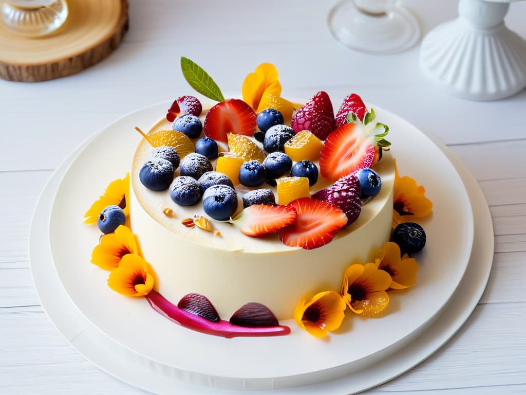  An intricately detailed 8k ultradetailed image of a beautifully plated vegan dessert masterpiece, showcasing vibrant colors and a variety of textures, with a focus on natural ingredients like fresh fruits, nuts, and edible flowers. The dessert is elegantly presented on a simple, white ceramic plate, exuding a sense of sophistication and creativity in its arrangement. hyperrealistic, full body, detailed clothing, highly detailed, cinematic lighting, stunningly beautiful, intricate, sharp focus, f/1. 8, 85mm, (centered image composition), (professionally color graded), ((bright soft diffused light)), volumetric fog, trending on instagram, trending on tumblr, HDR 4K, 8K