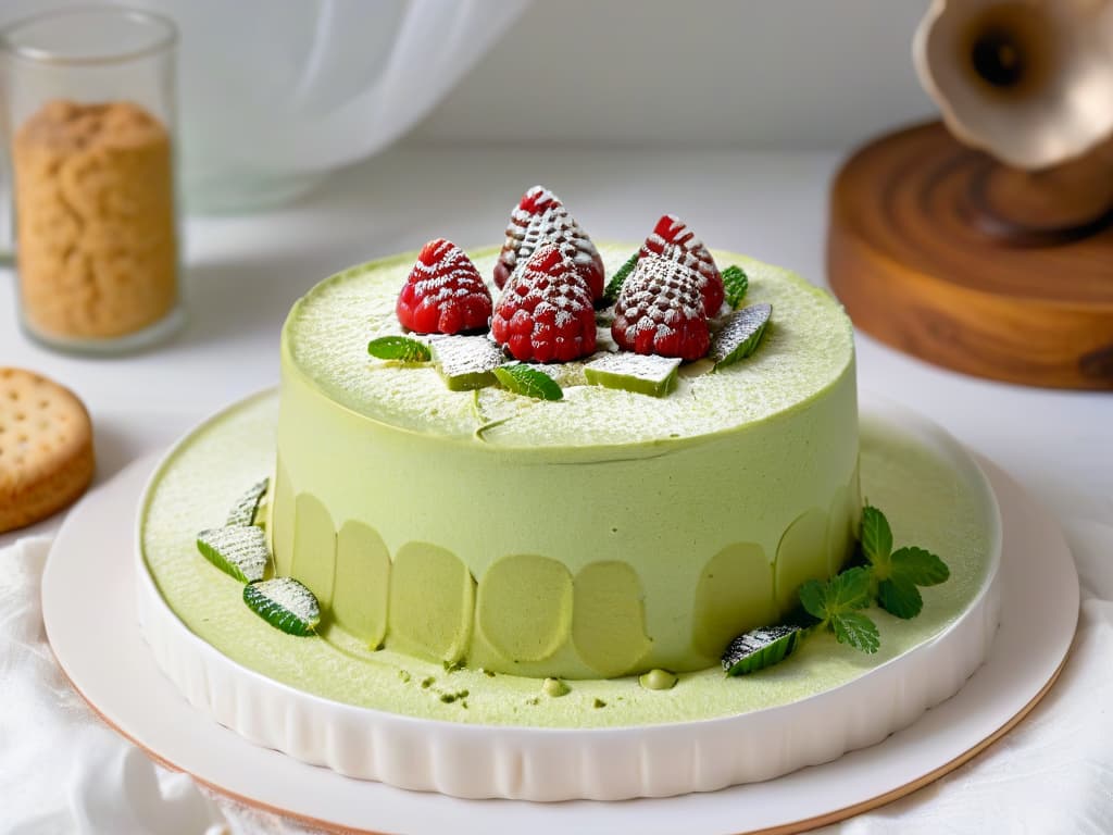  An 8k ultradetailed image of a beautifully plated matcha green tea tiramisu, showing layers of fluffy green teainfused mascarpone cream, delicate ladyfinger biscuits soaked in matcha syrup, and a dusting of vibrant green matcha powder on top. The dessert is elegantly garnished with fresh mint leaves and raspberries, all set on a sleek, modern white plate against a soft, blurred background to highlight the intricate details and textures of the dessert. hyperrealistic, full body, detailed clothing, highly detailed, cinematic lighting, stunningly beautiful, intricate, sharp focus, f/1. 8, 85mm, (centered image composition), (professionally color graded), ((bright soft diffused light)), volumetric fog, trending on instagram, trending on tumblr, HDR 4K, 8K