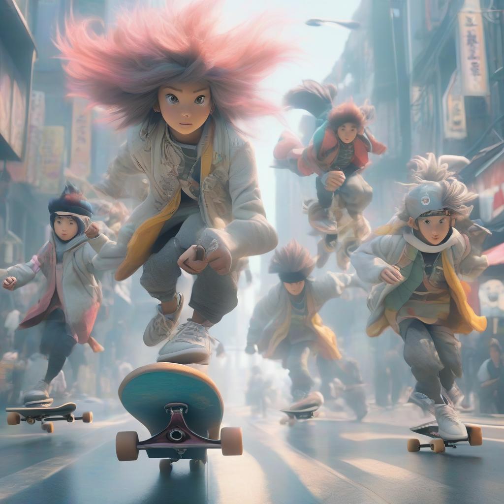  Japanese anime style, 5 skateboarding kids riding around the city, high detail, high quality, correct facial proportions, eyes at the same level. hyperrealistic, full body, detailed clothing, highly detailed, cinematic lighting, stunningly beautiful, intricate, sharp focus, f/1. 8, 85mm, (centered image composition), (professionally color graded), ((bright soft diffused light)), volumetric fog, trending on instagram, trending on tumblr, HDR 4K, 8K