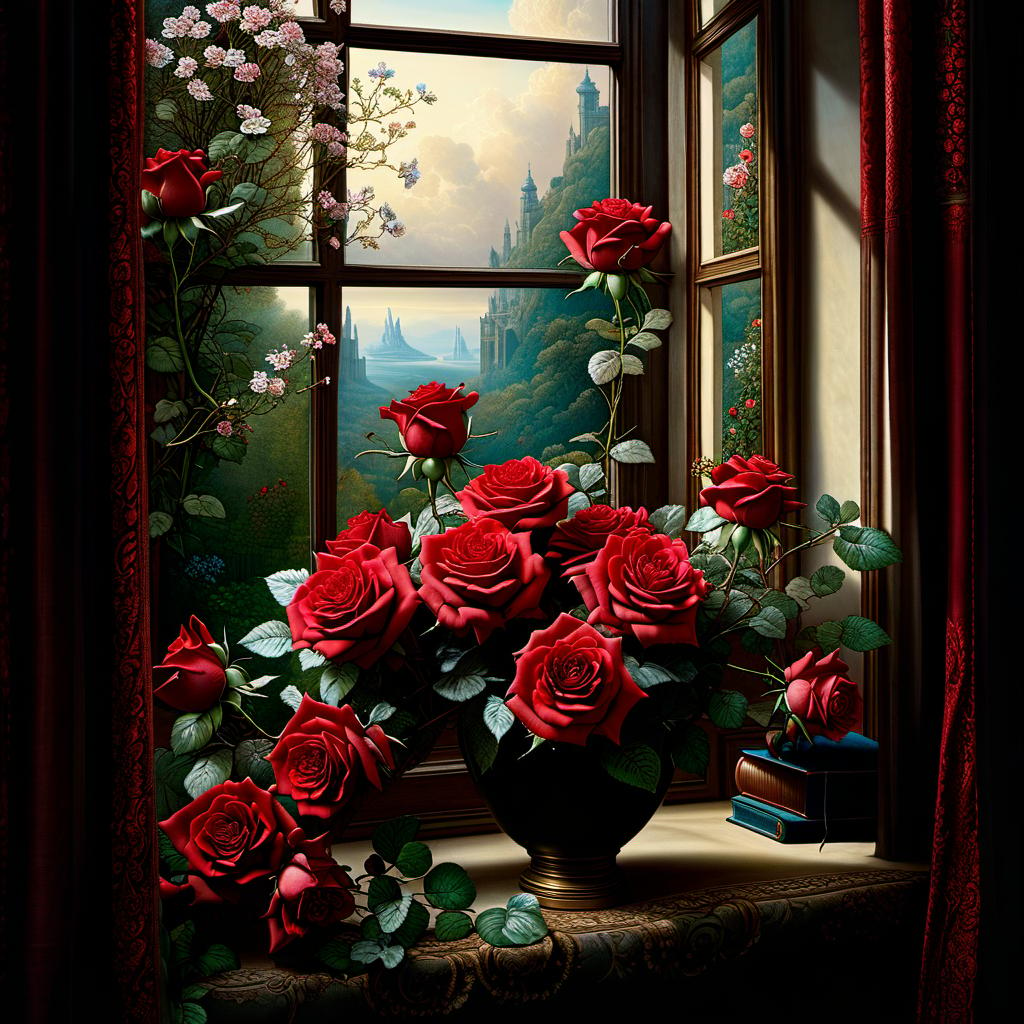  hyperrealistic art Oil painting. Surreal digital image. A bouquet of red roses in an elegant vase on the windowsill near an (open: 1.7) window with transparent curtains, a book. Complex floral decor: roses on a vase and on textiles, sequins, floral patterns, ornaments. An open window overlooking a garden with blooming rose bushes. Background: surreal abstract art with elements of a magnificent blooming garden. Hyper detailed, confusing. Fantasy, creativity. Harmony of red, green and blue shades. Exquisite rocaille and fantasy surrealism. Decorative excesses. Josephine Wall. Fragonard and Antoine Watteau. Sabbas Apteros, Alfonso Mucha, Andrew Jones, Vandermeer. High detail. High contrast. High quality. HDR. . extremely high resolution detail hyperrealistic, full body, detailed clothing, highly detailed, cinematic lighting, stunningly beautiful, intricate, sharp focus, f/1. 8, 85mm, (centered image composition), (professionally color graded), ((bright soft diffused light)), volumetric fog, trending on instagram, trending on tumblr, HDR 4K, 8K