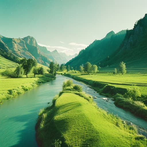 analog style fantasy colourfully landscape of a green valley with river and charming villages