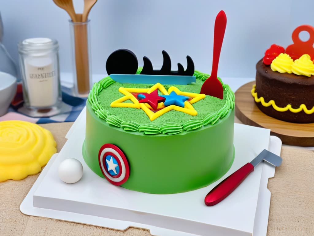  An image of a sleek, minimalist kitchen countertop with a set of highquality baking utensils inspired by Marvel superheroes neatly arranged. The utensils include a Captain America shield cake pan, Iron Man spatula, Thor hammer rolling pin, Hulk cupcake liners, and Black Widow measuring cups. The background is a soft, neutral tone to highlight the vibrant colors of the superherothemed baking tools, creating a visually appealing and professional image that resonates with aspiring bakers and fans of Marvel alike. hyperrealistic, full body, detailed clothing, highly detailed, cinematic lighting, stunningly beautiful, intricate, sharp focus, f/1. 8, 85mm, (centered image composition), (professionally color graded), ((bright soft diffused light)), volumetric fog, trending on instagram, trending on tumblr, HDR 4K, 8K