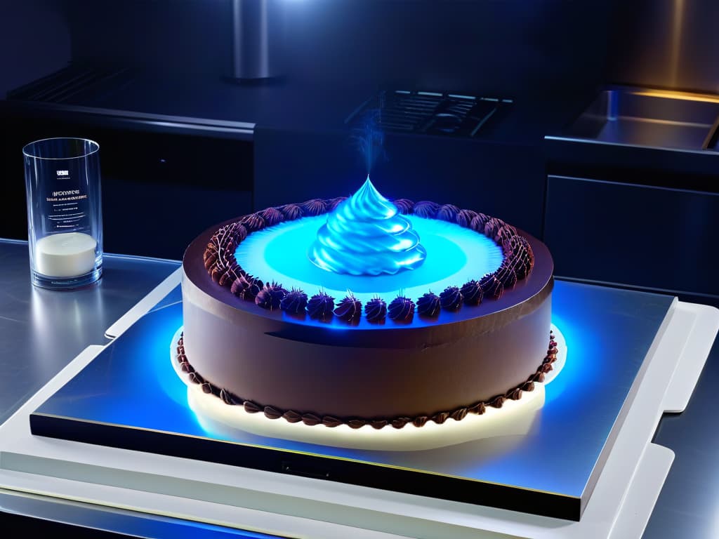  An ultradetailed 8k image of a sleek, futuristic kitchen countertop with holographic displays of virtual ingredients floating above it. The countertop features a holographic overlay showing stepbystep instructions for baking a decadent cake, seamlessly blending the physical and digital realms in a visually stunning demonstration of augmented reality technology in the culinary world. hyperrealistic, full body, detailed clothing, highly detailed, cinematic lighting, stunningly beautiful, intricate, sharp focus, f/1. 8, 85mm, (centered image composition), (professionally color graded), ((bright soft diffused light)), volumetric fog, trending on instagram, trending on tumblr, HDR 4K, 8K