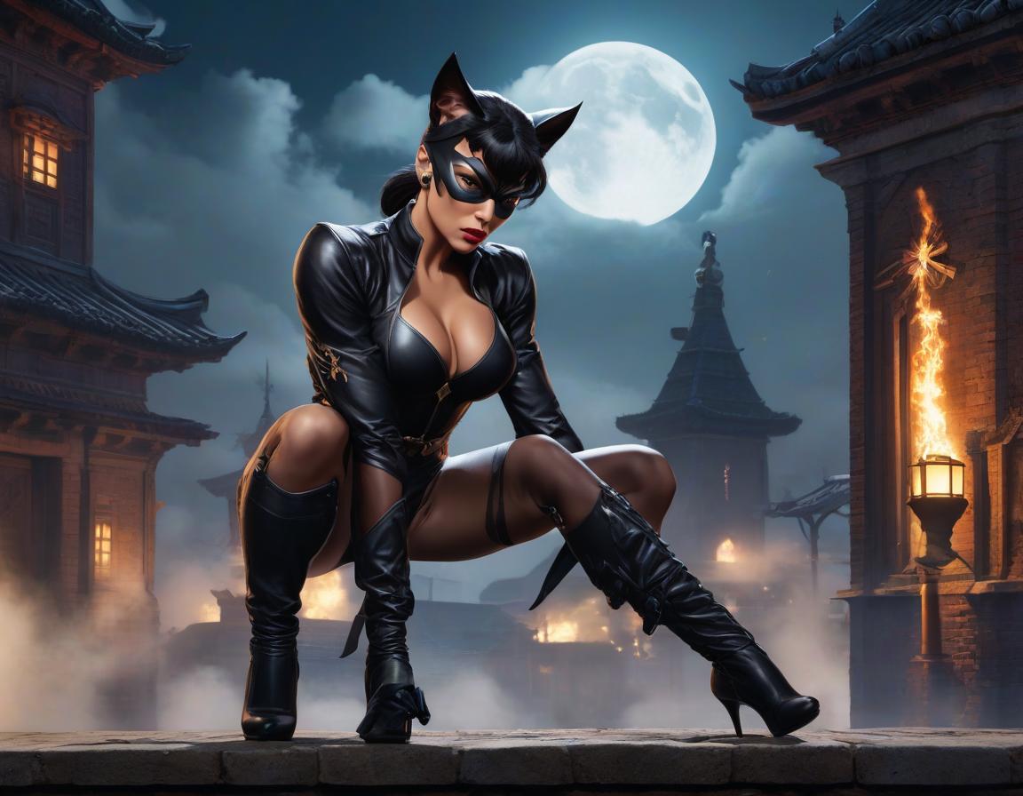  Street Fighter style A catwoman sneaks on all fours on heels in the moonlight on the roof of an ancient house with a weather vane and a chimney, haze, many details . vibrant, dynamic, arcade, 2D fighting game, highly detailed, reminiscent of Street Fighter series hyperrealistic, full body, detailed clothing, highly detailed, cinematic lighting, stunningly beautiful, intricate, sharp focus, f/1. 8, 85mm, (centered image composition), (professionally color graded), ((bright soft diffused light)), volumetric fog, trending on instagram, trending on tumblr, HDR 4K, 8K