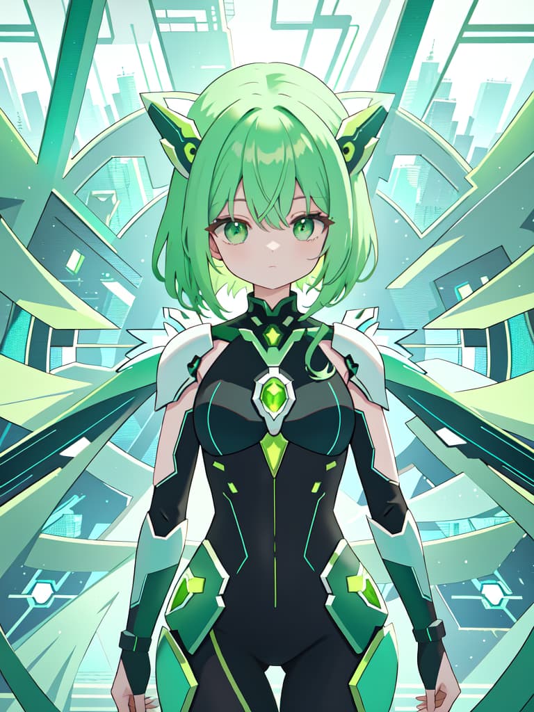  Green hair character of the glass hall in the cyber world, masterpiece, best quality,8k,ultra detailed,high resolution,an extremely delicate and beautiful,hyper detail