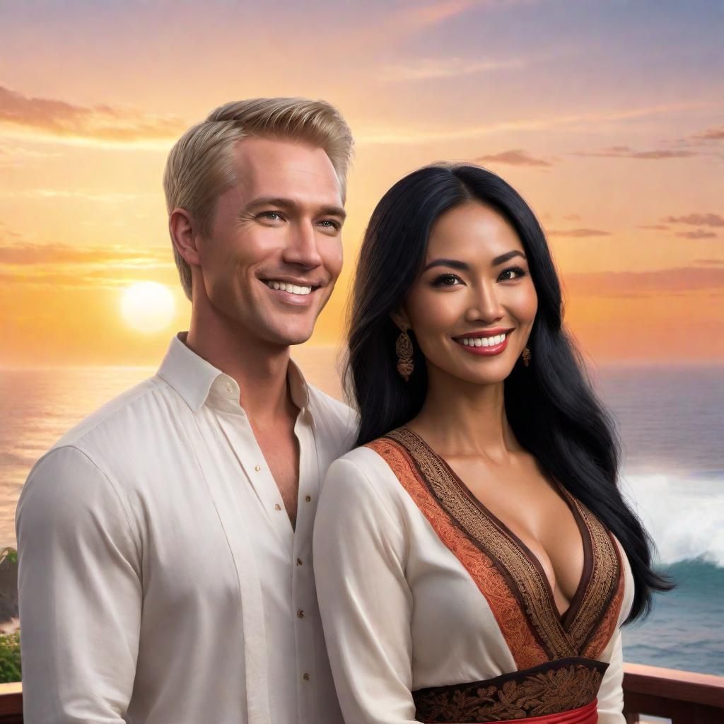  An image of a white American man and an Indonesian woman standing together, looking happy and in love. The man has short blond hair and blue eyes, wearing a casual outfit. The woman has long black hair and brown eyes, wearing traditional Indonesian attire. They are smiling at each other with a beautiful background of a sunset over the ocean. hyperrealistic, full body, detailed clothing, highly detailed, cinematic lighting, stunningly beautiful, intricate, sharp focus, f/1. 8, 85mm, (centered image composition), (professionally color graded), ((bright soft diffused light)), volumetric fog, trending on instagram, trending on tumblr, HDR 4K, 8K