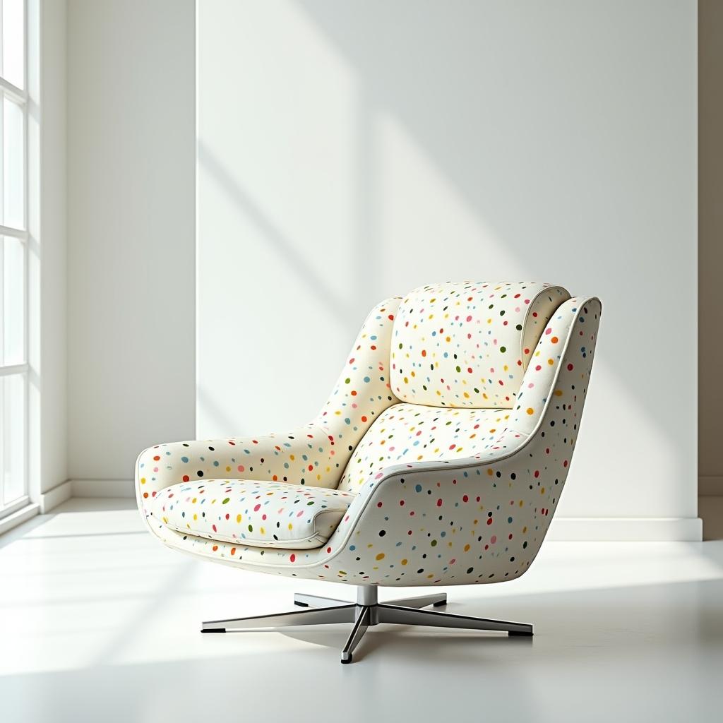  the editorial photography showcases a modern, minimalist chair in a living room designed for relaxation and entertainment. captured through an extreme wide shot using a 35mm f/2 wide angle lens, the space is presented in broad view, highlighting the chair's contemporary design. the chair features a sleek, curved form supported by a chrome frame, emphasizing its modern aesthetic. it's crafted in white with a playful pattern of colorful speckles in yellow, green, blue, pink, and orange (rgb yellow:255,255,0; rgb green:0,128,0; rgb blue:0,0,255; rgb pink:255,192,203; rgb orange:255,165,0), adding creativity to its simple structure. positioned in a brightly lit setting, possibly outdoors or near a large window, the light colored floor and white hyperrealistic, full body, detailed clothing, highly detailed, cinematic lighting, stunningly beautiful, intricate, sharp focus, f/1. 8, 85mm, (centered image composition), (professionally color graded), ((bright soft diffused light)), volumetric fog, trending on instagram, trending on tumblr, HDR 4K, 8K