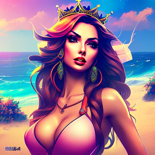 nvinkpunk  with long curled hair wearing a crown and , riding a surf board, bright beach background , wallpaper hyperrealistic, full body, detailed clothing, highly detailed, cinematic lighting, stunningly beautiful, intricate, sharp focus, f/1. 8, 85mm, (centered image composition), (professionally color graded), ((bright soft diffused light)), volumetric fog, trending on instagram, trending on tumblr, HDR 4K, 8K