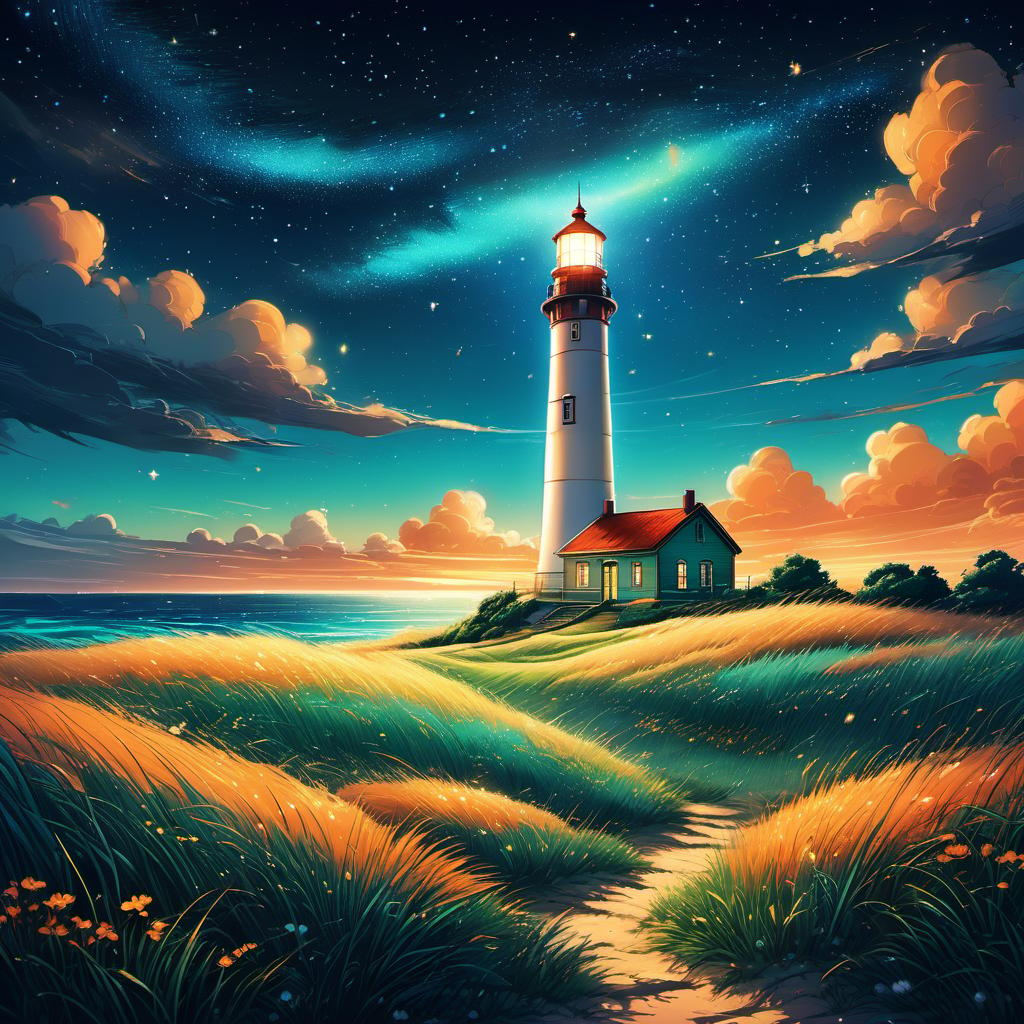  Grasslands with lighthouse starry sky, clouds, vivid, highly detailed, anime style, hand-drawn, combined with digital art, night, whimsical, (enchanting atmosphere:1.1), warm lighting , depth of field, Wacom Cintiq, Adobe Photoshop, 300 DPI, (hdr:1.2), (teal and orange:0.5)