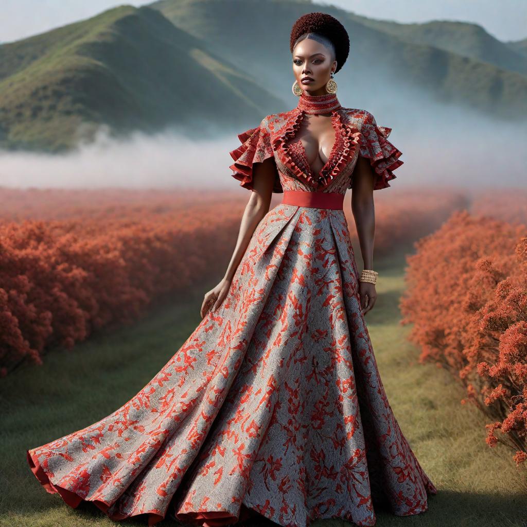  Revisualize the Ankara long gown with frills as the sleeve and cowl neck design. hyperrealistic, full body, detailed clothing, highly detailed, cinematic lighting, stunningly beautiful, intricate, sharp focus, f/1. 8, 85mm, (centered image composition), (professionally color graded), ((bright soft diffused light)), volumetric fog, trending on instagram, trending on tumblr, HDR 4K, 8K