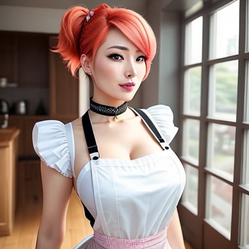  a closeup portrait of a playful maid, undercut hair, apron, amazing body, pronounced feminine feature, busty, kitchen, [ash blonde | ginger | pink hair], freckles, flirting with camera，亞洲人 年輕女生 上半身 長髮 背景是公園 晴天 hyperrealistic, full body, detailed clothing, highly detailed, cinematic lighting, stunningly beautiful, intricate, sharp focus, f/1. 8, 85mm, (centered image composition), (professionally color graded), ((bright soft diffused light)), volumetric fog, trending on instagram, trending on tumblr, HDR 4K, 8K