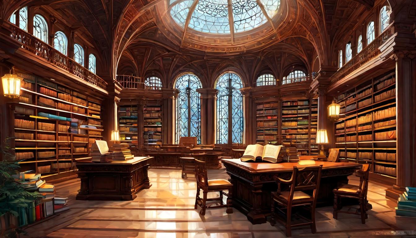  digital painting of A library filled with scrolls and books, some open with glowing letters, wealth of knowledge, eschatological treasure, paths of inquiry looking at viewer, dynamic pose, (intricate details, masterpiece, best quality)