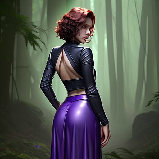  Fierce looking woman with short dark curly red hair wearing purple leather pants with long skirt around back and purple leather long sleeved top holding green light saber dark, foggy outdoor wooded setting