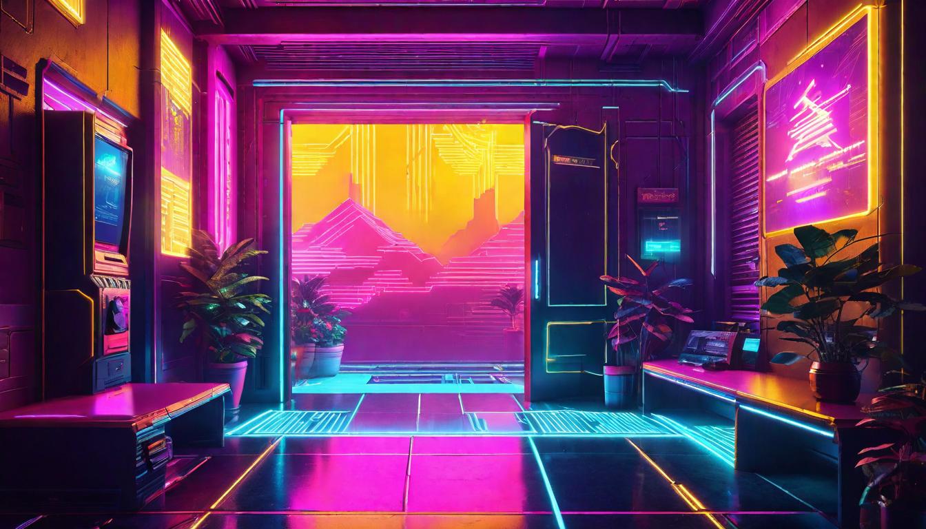  vaporwave,cyberpunk game style A doorway filled with golden light, inviting people into a room where a warm gathering takes place, Welcoming, magnetic, heartwarming.eon, dystopian, futuristic, digital, vibrant, detailed, high contrast, reminiscent of cyberpunk genre video games,retro aesthetic, cyberpunk, vibrant, neon colors, vintage 80s and 90s style, highly detailed