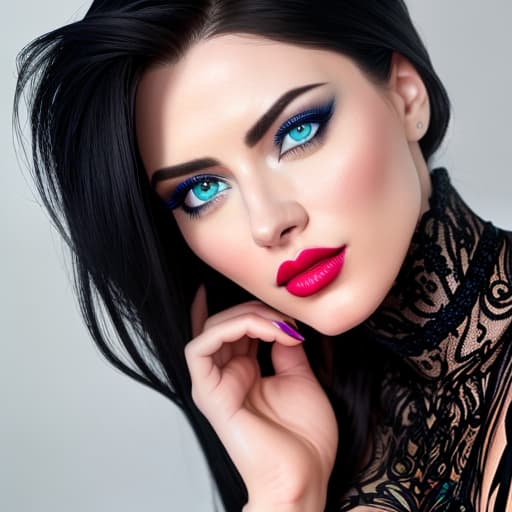  1Girl, Perfect Face, Black Hair, Blue Eyes, Thick Lipstick, Beautiful hyperrealistic, full body, detailed clothing, highly detailed, cinematic lighting, stunningly beautiful, intricate, sharp focus, f/1. 8, 85mm, (centered image composition), (professionally color graded), ((bright soft diffused light)), volumetric fog, trending on instagram, trending on tumblr, HDR 4K, 8K