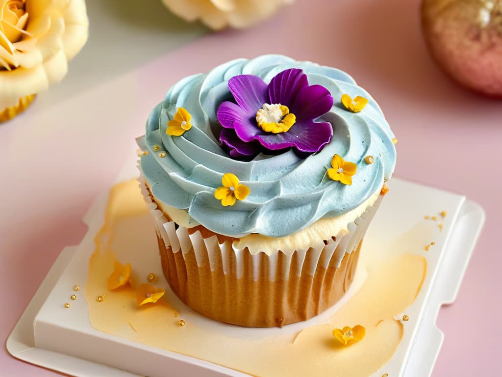  A closeup, ultradetailed image of a perfectly frosted cupcake, topped with delicate edible flowers and shimmering gold flakes. The frosting is flawlessly smooth, showcasing intricate swirls and peaks, while the vibrant colors of the flowers pop against the pastel background. The gold flakes catch the light, adding a touch of luxury to the overall composition. hyperrealistic, full body, detailed clothing, highly detailed, cinematic lighting, stunningly beautiful, intricate, sharp focus, f/1. 8, 85mm, (centered image composition), (professionally color graded), ((bright soft diffused light)), volumetric fog, trending on instagram, trending on tumblr, HDR 4K, 8K