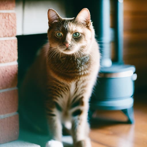 analog style "Old cat gazes toward the fireplace in a cabin."high quality