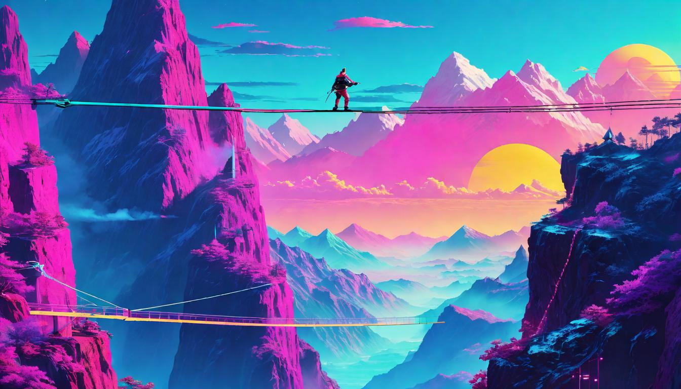  vaporwave,cyberpunk game style A person balancing on a tightrope between two mountains, one foot in front of the other, making a choice that defies the ordinary, brave, unconventionaleon, dystopian, futuristic, digital, vibrant, detailed, high contrast, reminiscent of cyberpunk genre video games,retro aesthetic, cyberpunk, vibrant, neon colors, vintage 80s and 90s style, highly detailed