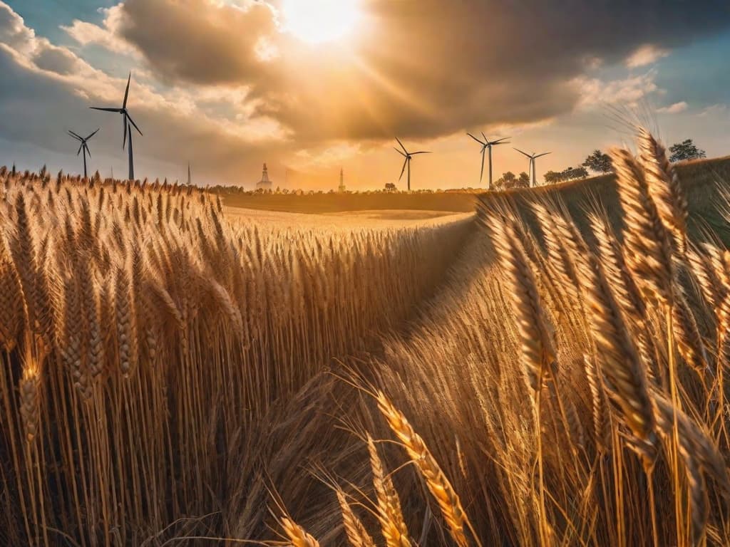  Golden wheat fields stretching to the horizon under a clear blue sky, with a single, large, modern wind turbine in the background, symbolizing sustainable energy investment. digital art, ilustration, no flares, clean hyperrealistic, full body, detailed clothing, highly detailed, cinematic lighting, stunningly beautiful, intricate, sharp focus, f/1. 8, 85mm, (centered image composition), (professionally color graded), ((bright soft diffused light)), volumetric fog, trending on instagram, trending on tumblr, HDR 4K, 8K